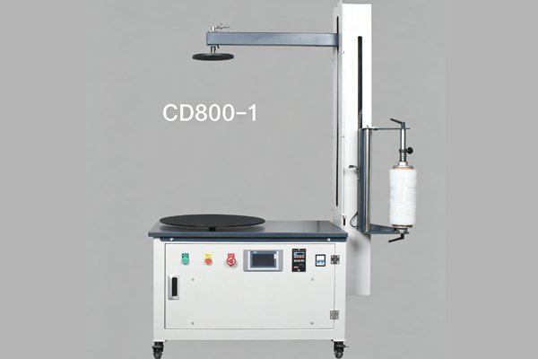 CD800-1 semi-automatic carton wrapping machine with turntable and stretch film dispenser for industrial packaging.