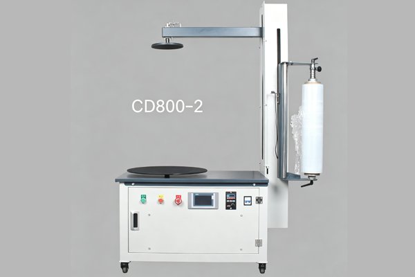 Industrial carton wrapping machine, suitable for boxes up to 800mm, stretch film wrapper with PLC control.